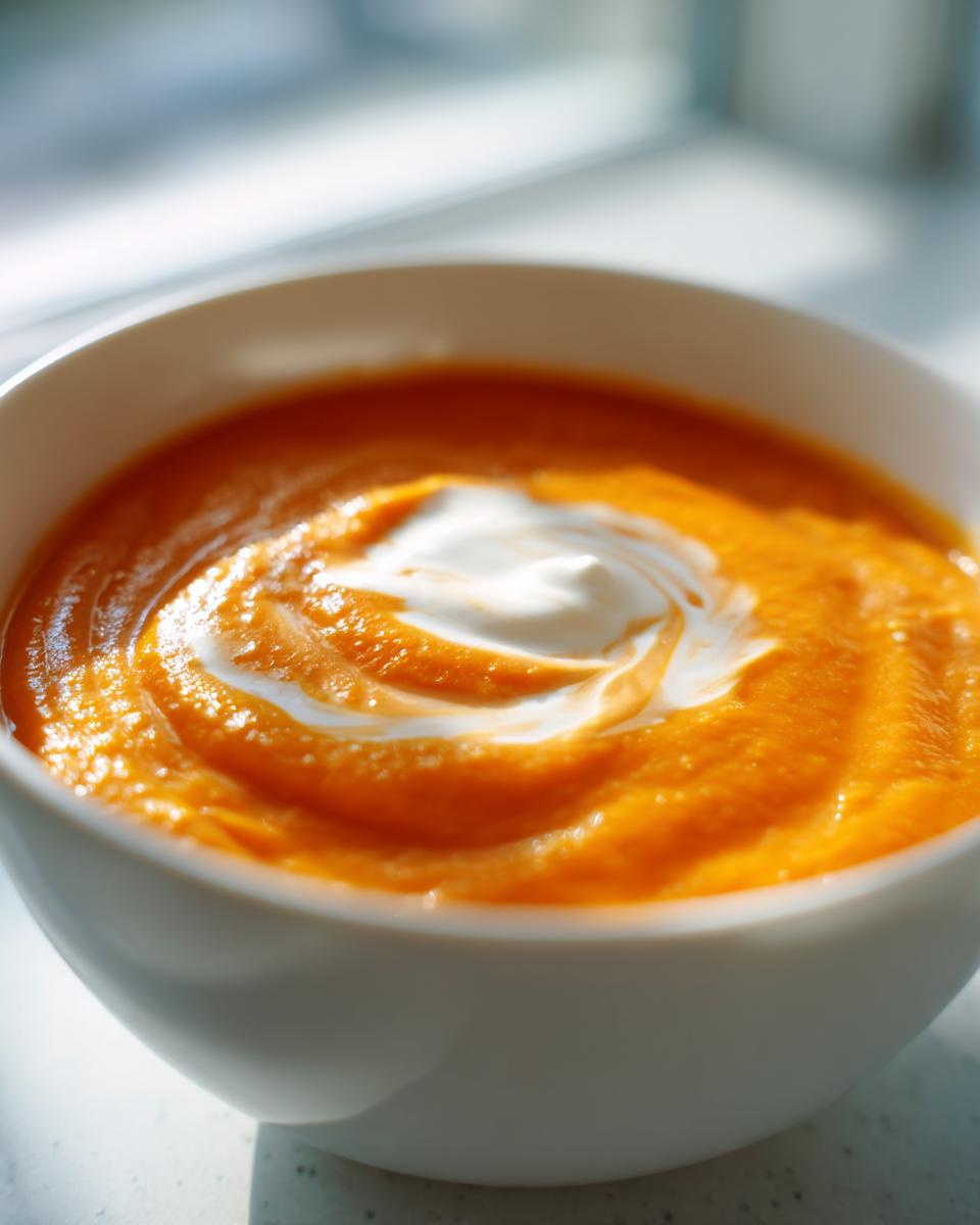 Close-up of a white bowl filled with vibrant orange Pumpkin Soup, topped with a swirl of cream.