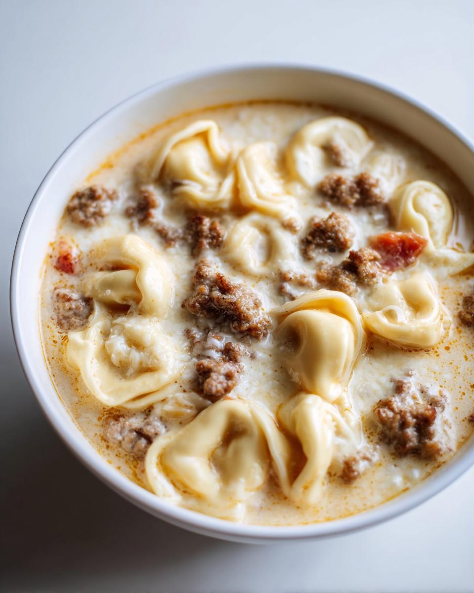 A close-up, overhead view of a white bowl filled with rich, Creamy Tortellini Soup With Sausage.