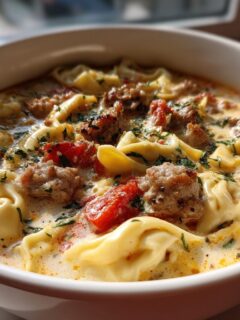 Close-up of a white bowl filled with Creamy Tortellini Soup With Sausage, garnished with parsley.