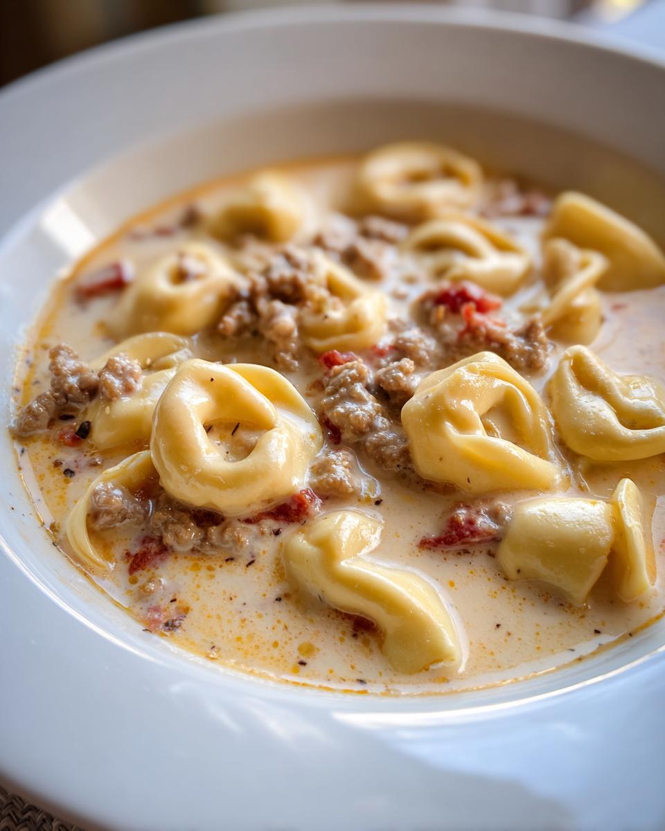 Close-up of a white bowl filled with Creamy Tortellini Soup With Sausage, featuring cheese tortellini and crumbled sausage in a rich broth.