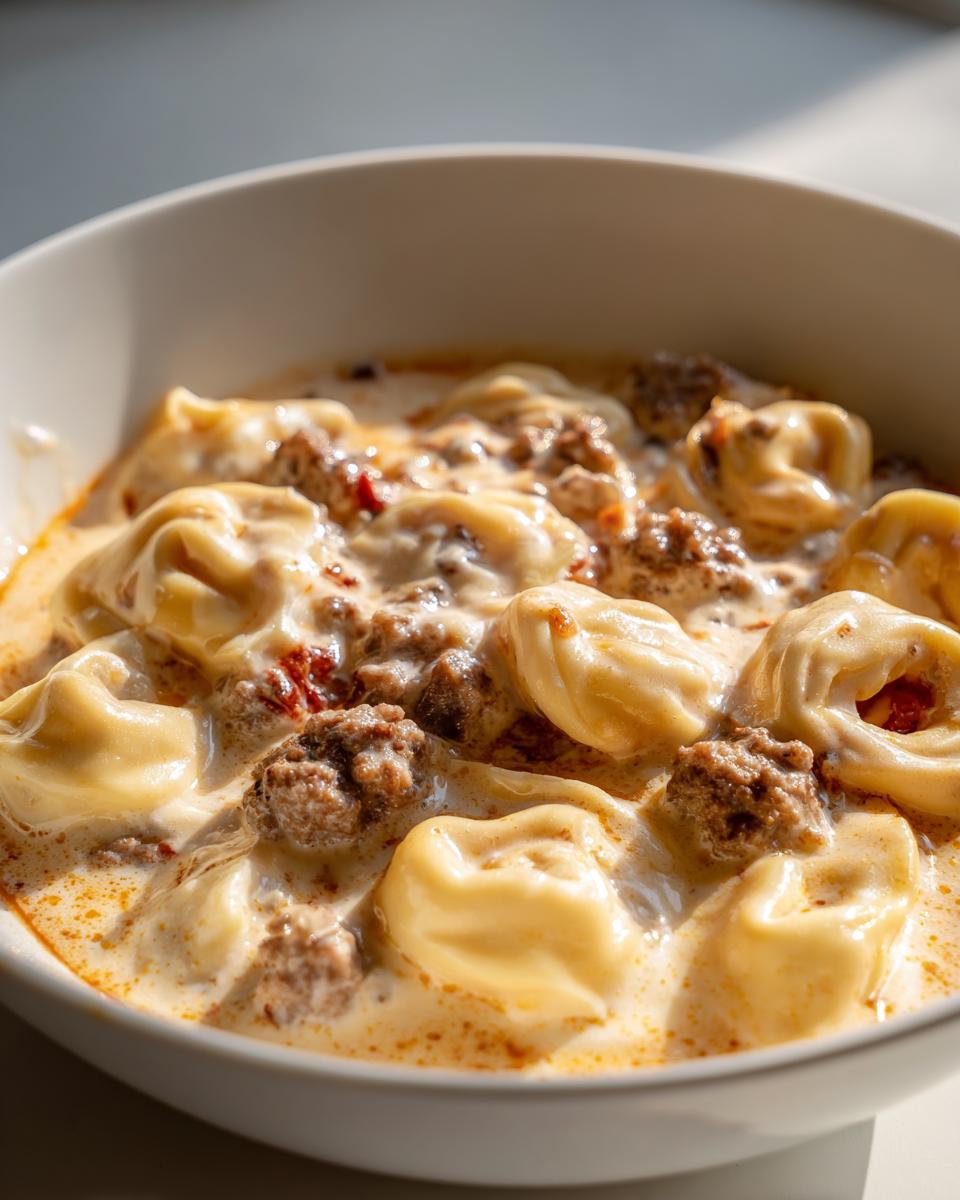 A close-up view of a white bowl filled with rich, Creamy Tortellini Soup With Sausage in a thick, seasoned broth.