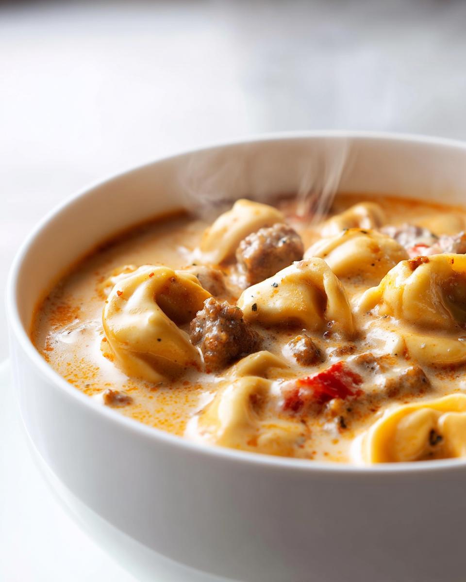 Close-up of a white bowl filled with hot Creamy Tortellini Soup With Sausage, showing steam rising.