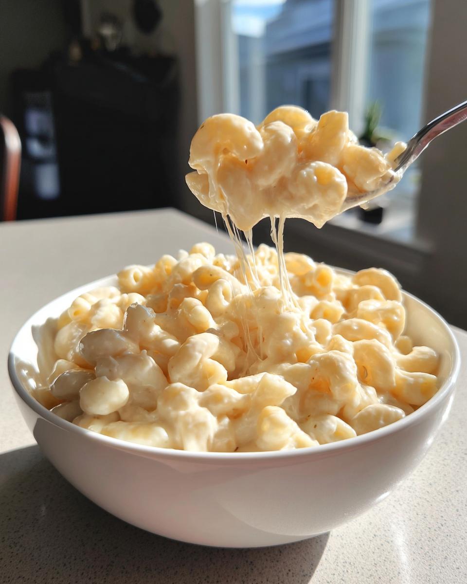 A spoonful of creamy White Cheddar Mac And Cheese showing long cheese pulls over a bowl of the dish.