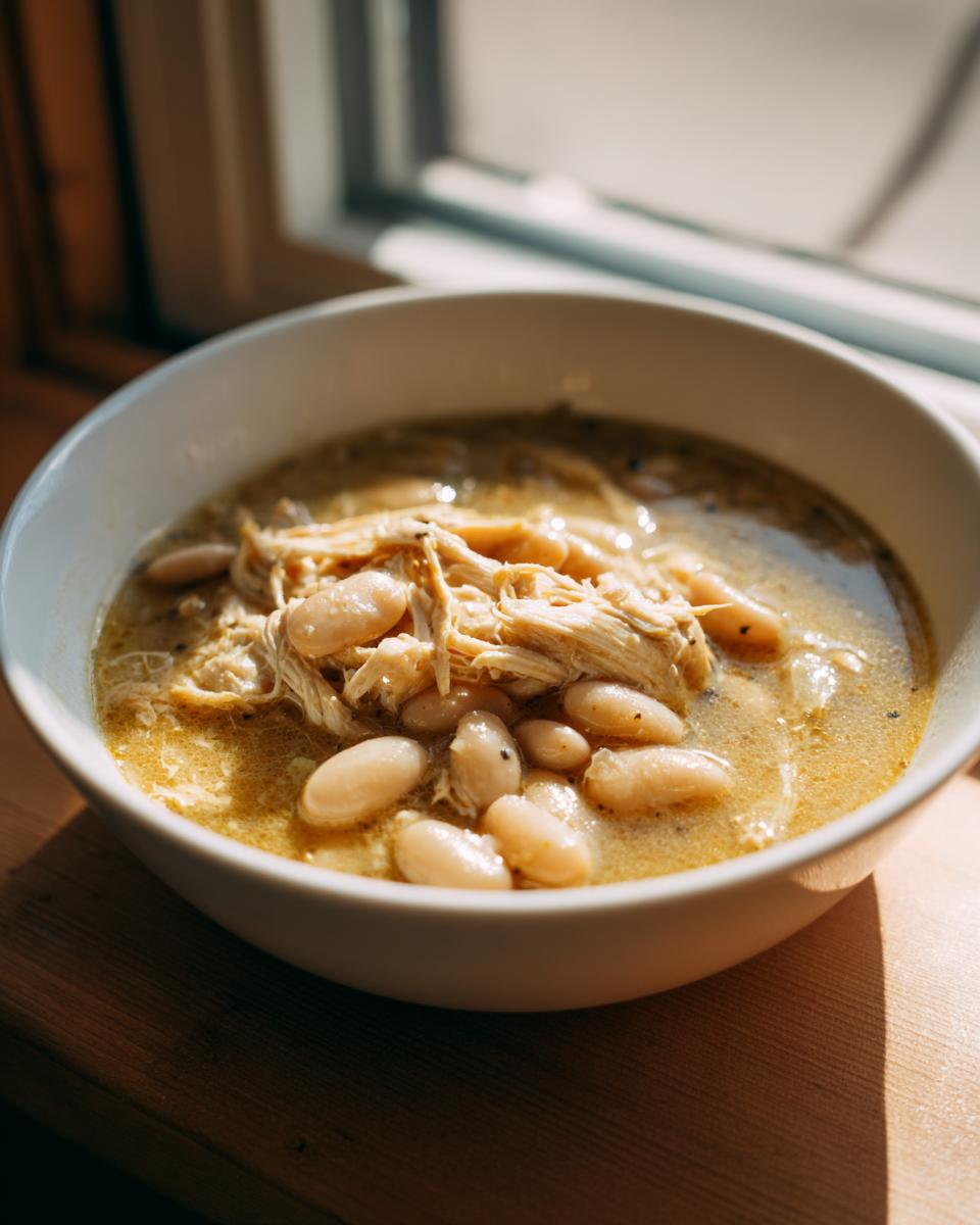 Close-up of a bowl of creamy White Chicken Chili topped with shredded chicken and white beans, lit by window light.