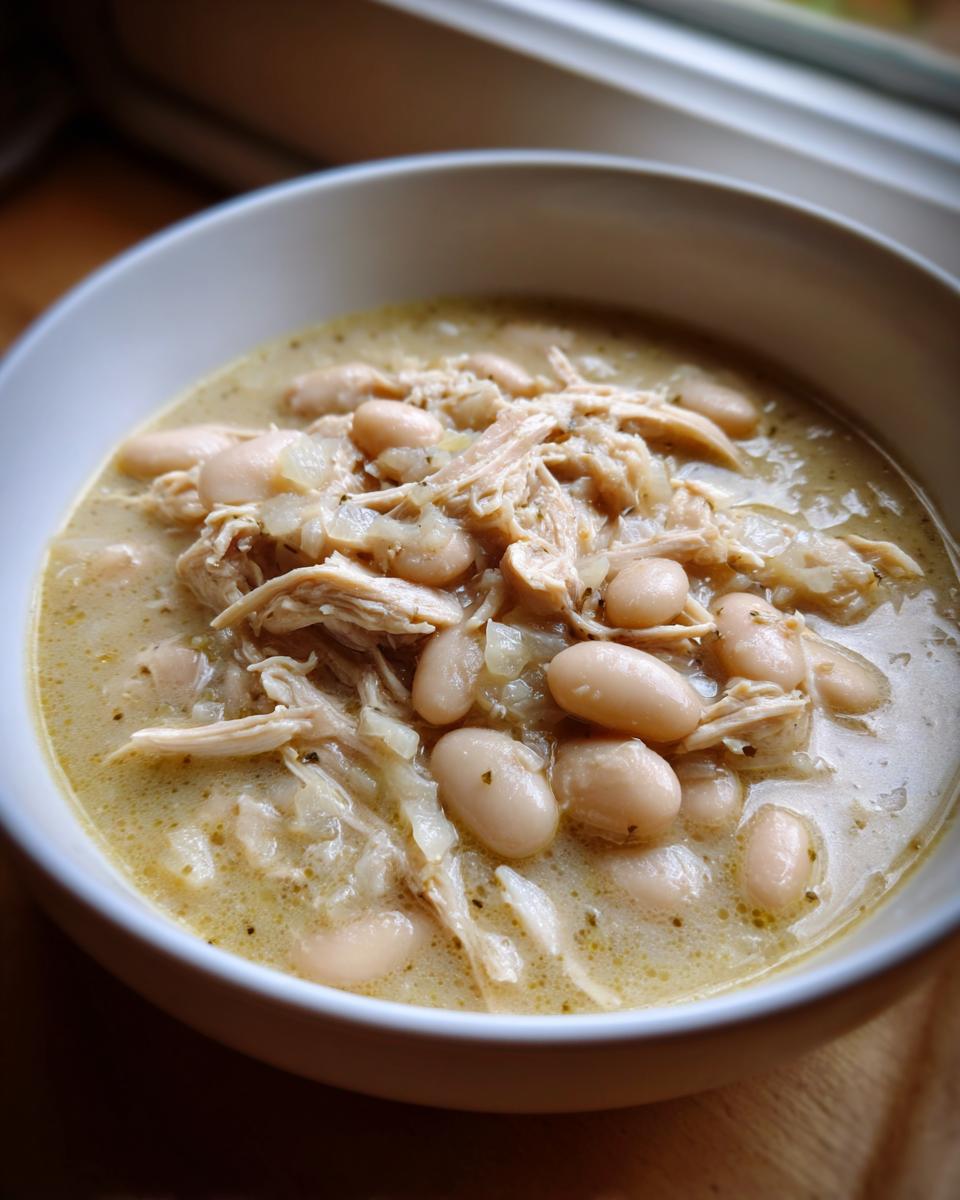 Close-up of a white bowl filled with creamy White Chicken Chili, featuring shredded chicken and white beans.