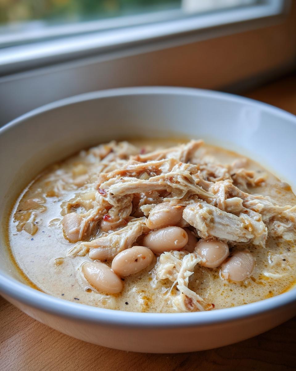 Close-up of a bowl of creamy White Chicken Chili topped with shredded chicken and white beans.