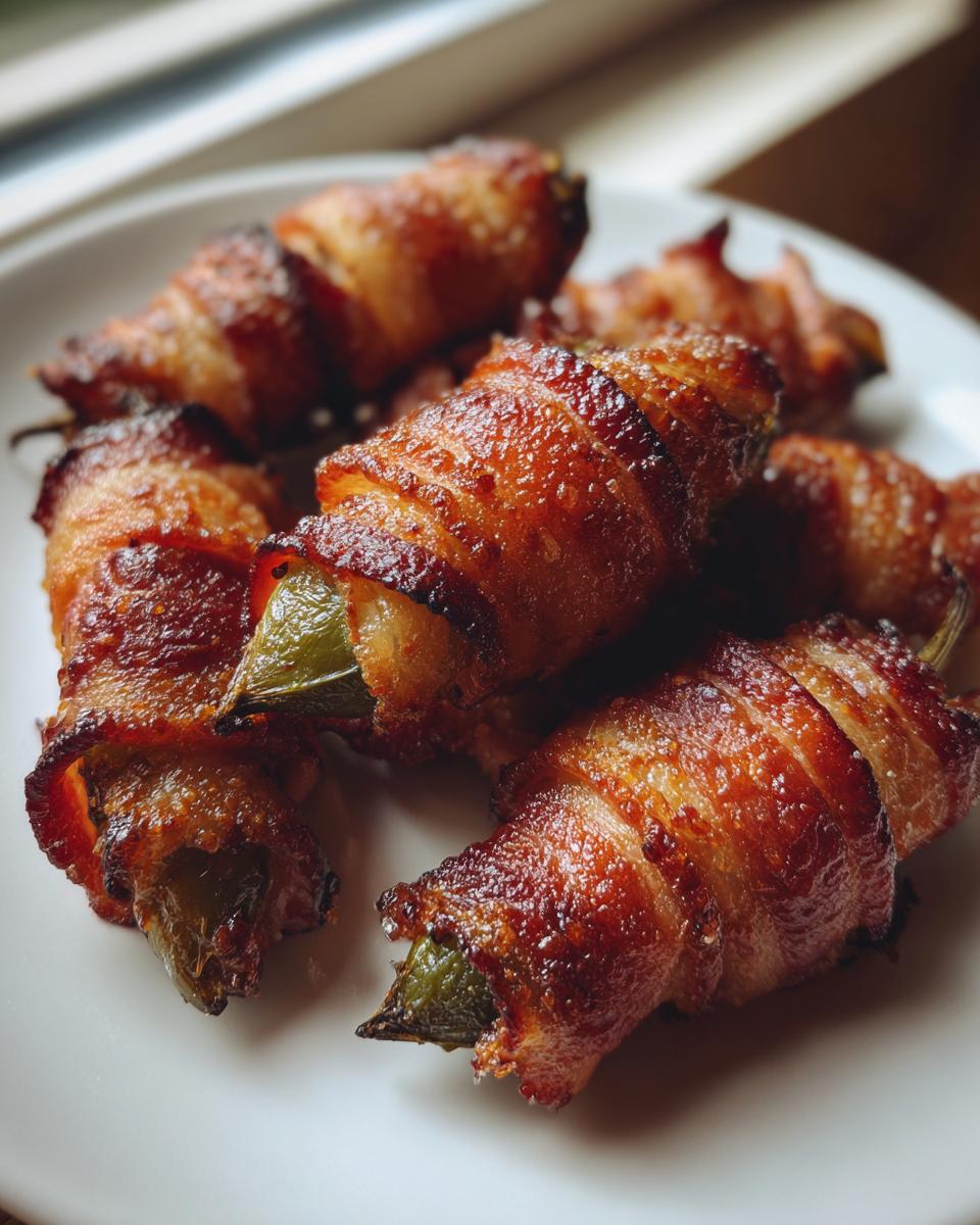 Close-up of several perfectly cooked Jalapeno Mummies, wrapped in crispy, browned bacon, served on a white plate.
