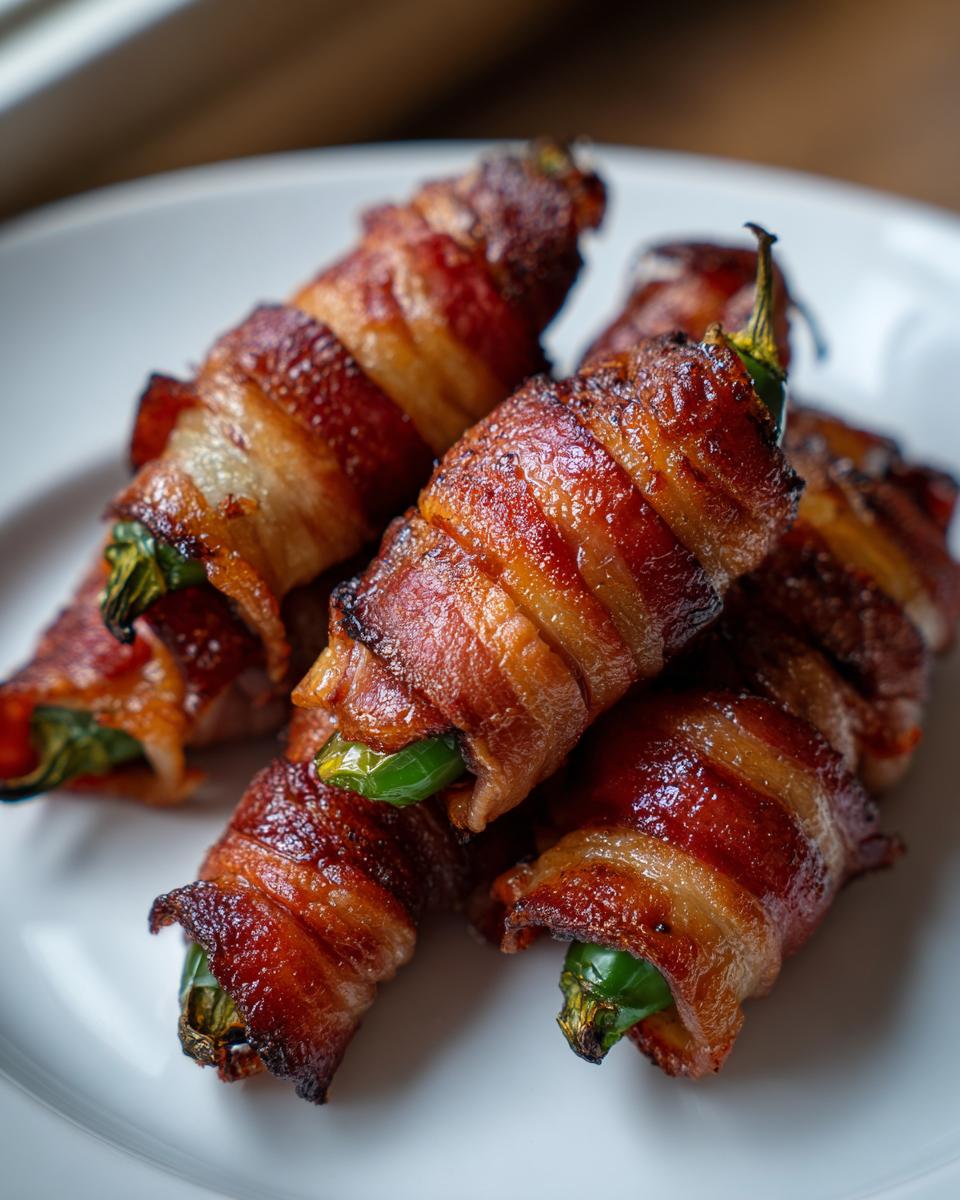 A pile of perfectly cooked, crispy bacon-wrapped Jalapeno Mummies resting on a white plate.