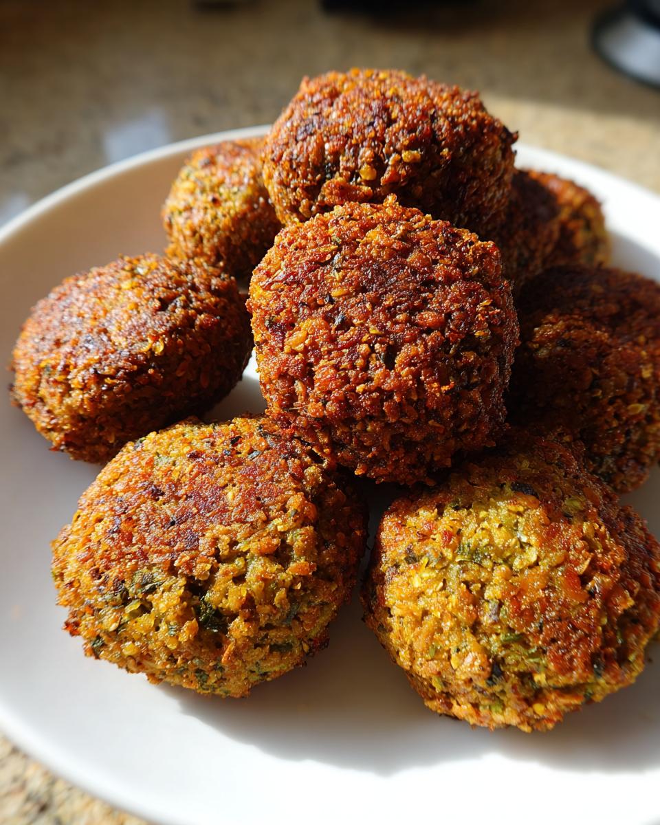 A close-up of several golden-brown, crispy homemade falafel balls stacked on a white plate.