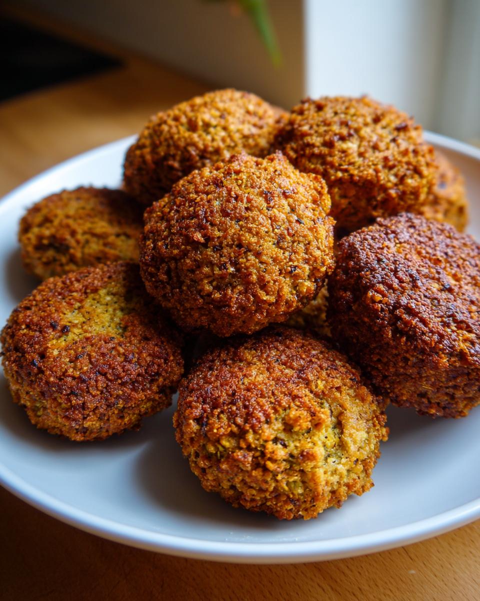 A close-up of several golden-brown, crispy homemade Falafel balls piled on a light gray plate.