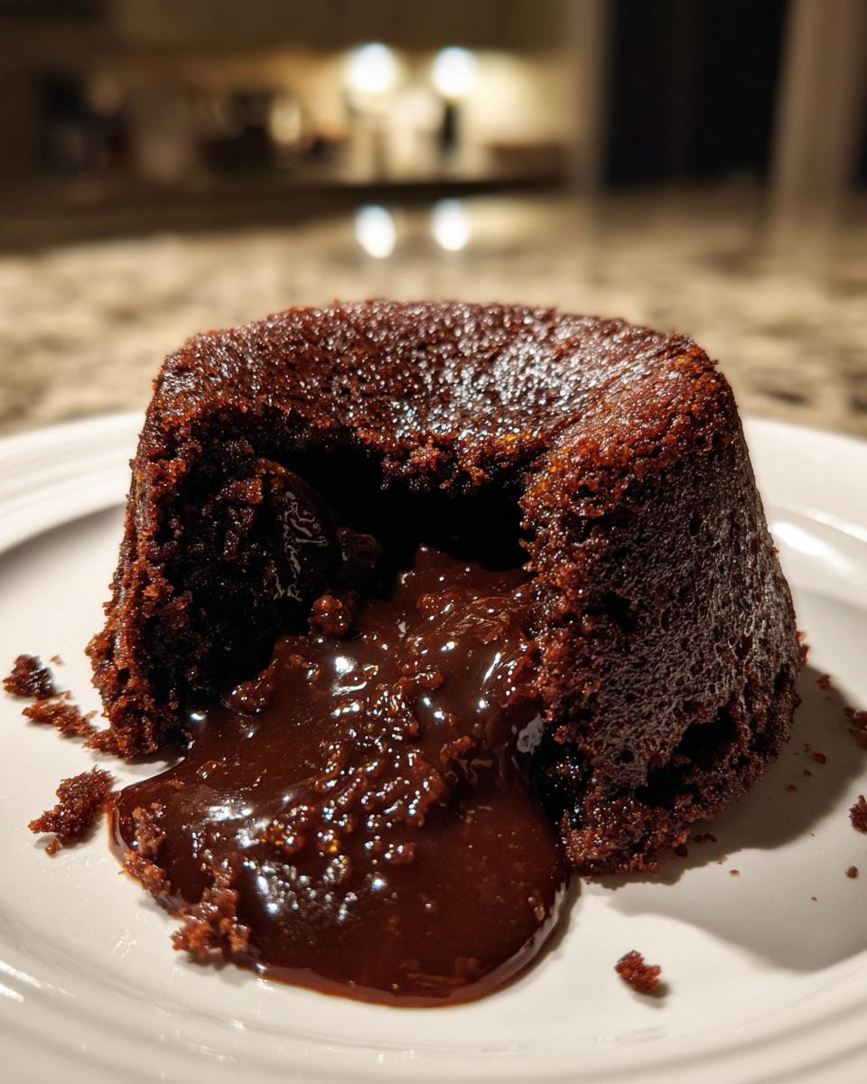 Close-up of a warm Crockpot Chocolate Lava Cake with rich, molten chocolate oozing out onto a white plate.