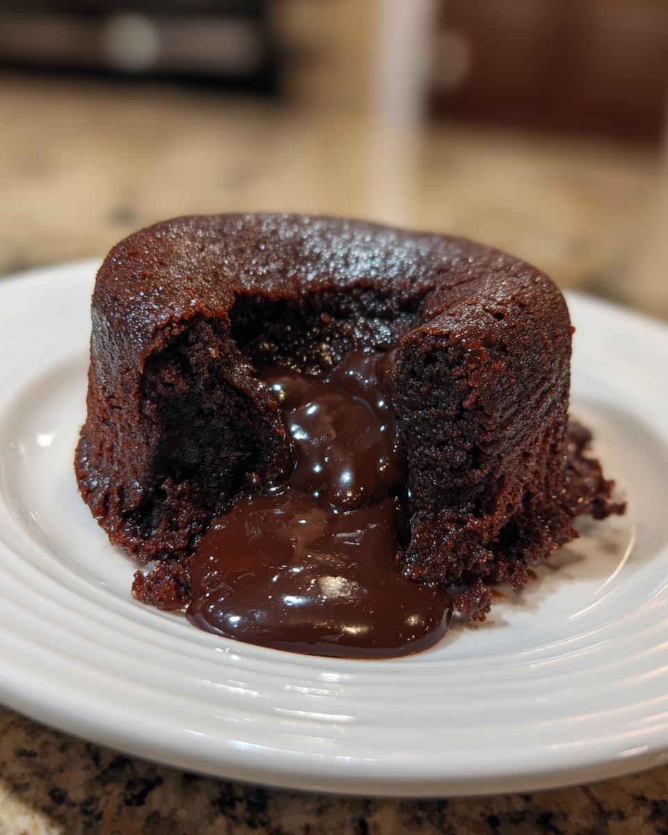 A rich, dark chocolate cake with a piece broken open to show the gooey, molten center of the Crockpot Chocolate Lava Cake.