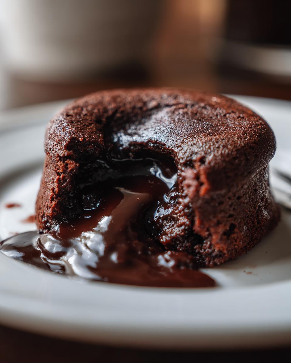 Close-up of a warm Crockpot Chocolate Lava Cake with the molten center oozing out onto a white plate.
