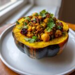 A roasted acorn squash half filled with savory Curried Chickpea Stuffed Acorn Squash mixture and topped with fresh cilantro.