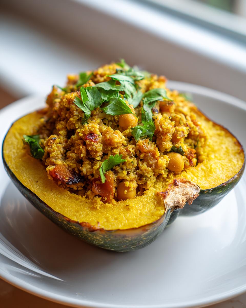 A roasted acorn squash half filled with bright yellow Curried Chickpea Stuffed Acorn Squash mixture, garnished with fresh parsley.