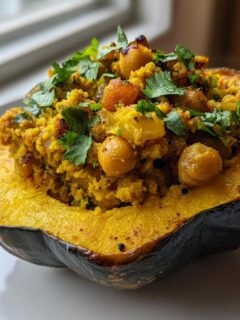 A roasted half of acorn squash filled with savory Curried Chickpea Stuffed Acorn Squash filling and topped with fresh cilantro.