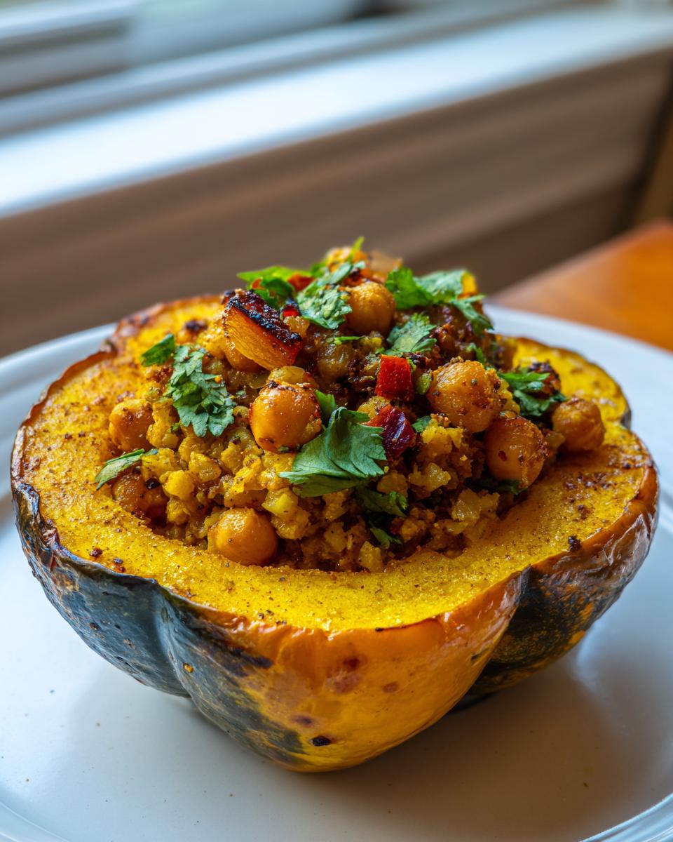 A roasted acorn squash half filled with savory Curried Chickpea Stuffed Acorn Squash mixture and garnished with cilantro.
