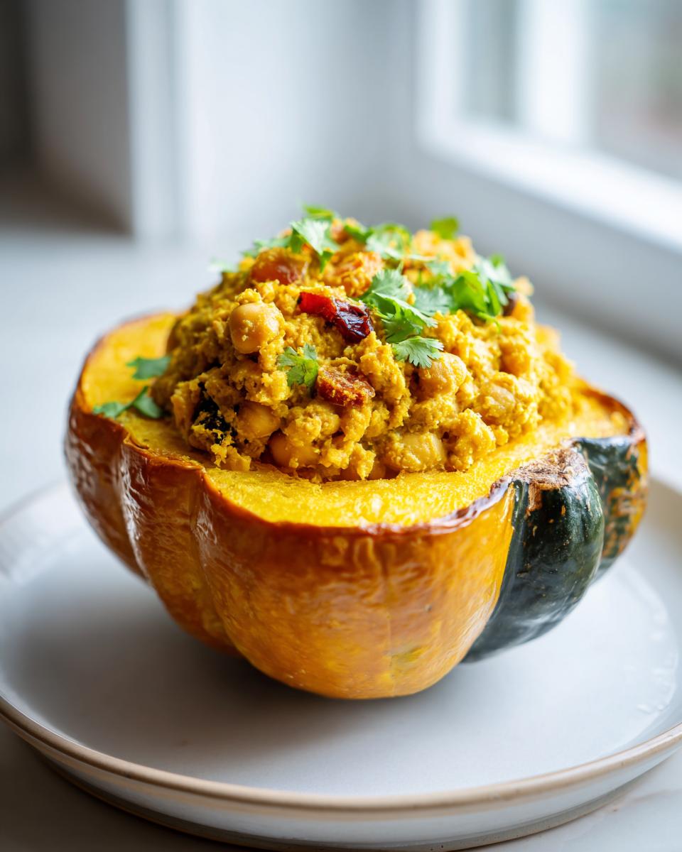 A roasted acorn squash half filled with vibrant yellow Curried Chickpea Stuffed Acorn Squash mixture, topped with fresh cilantro.