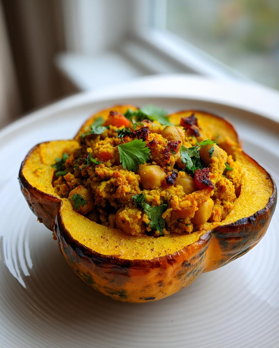 A vibrant Curried Chickpea Stuffed Acorn Squash half, filled with yellow curried mixture and topped with fresh cilantro.