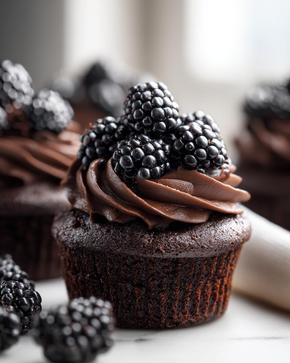 Close-up of a rich Dark Chocolate Blackberry Cupcakes topped with chocolate frosting and fresh blackberries.