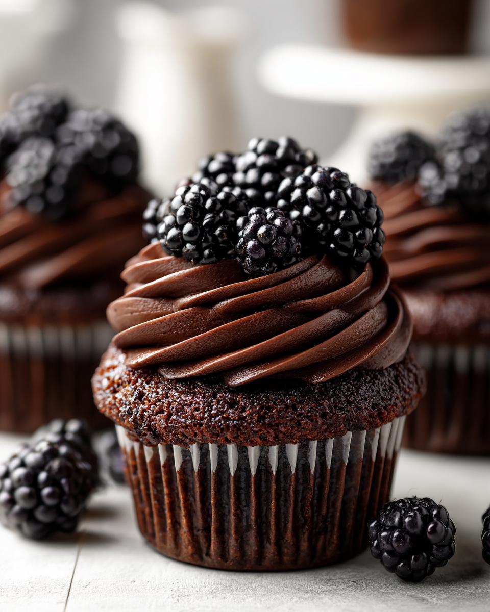 Close-up of a Dark Chocolate Blackberry Cupcakes topped with rich chocolate frosting and fresh blackberries.