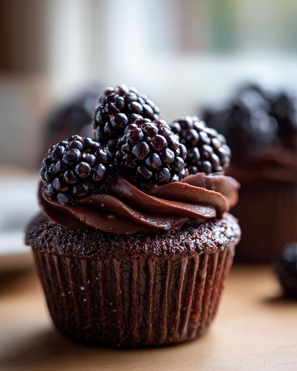 Close-up of a rich Dark Chocolate Blackberry Cupcakes topped with chocolate frosting and fresh blackberries.