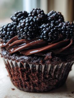 Close-up of a rich Dark Chocolate Blackberry Cupcakes topped with glossy chocolate frosting and fresh blackberries.