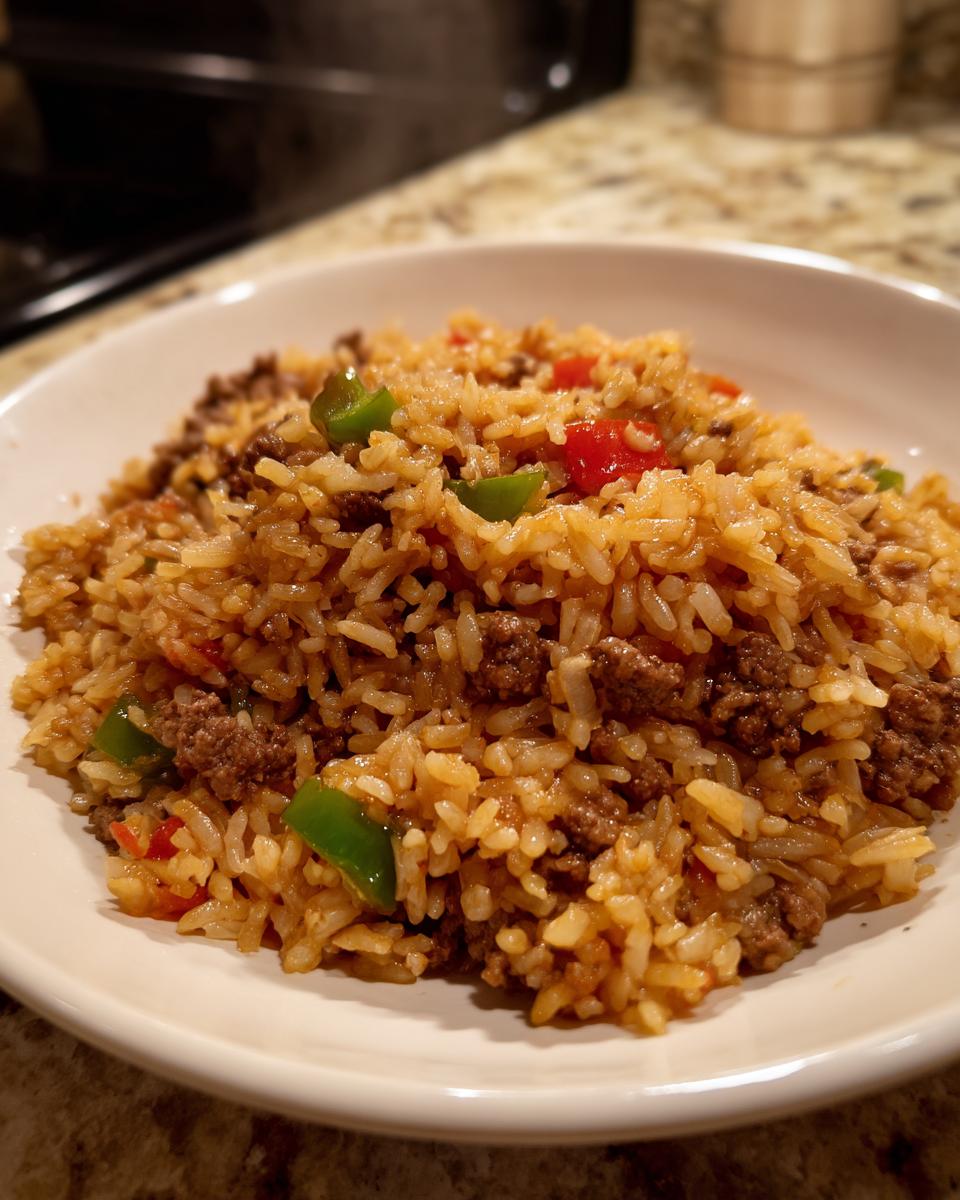 Close-up of a white bowl filled with savory Dirty Rice With Ground Beef mixed with green and red peppers.