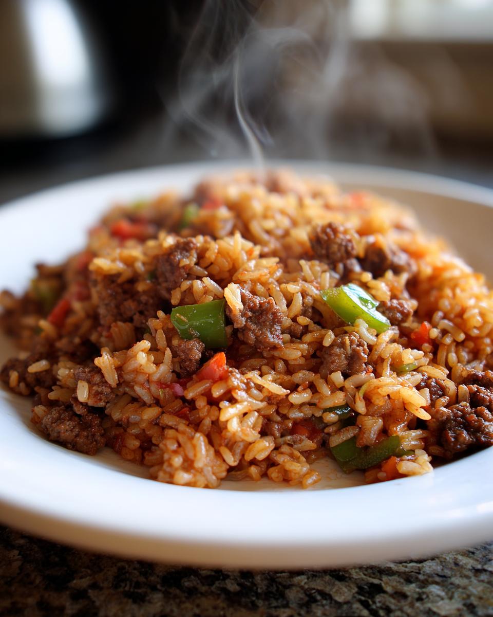 A close-up of a steaming plate of Dirty Rice With Ground Beef mixed with green and red peppers.