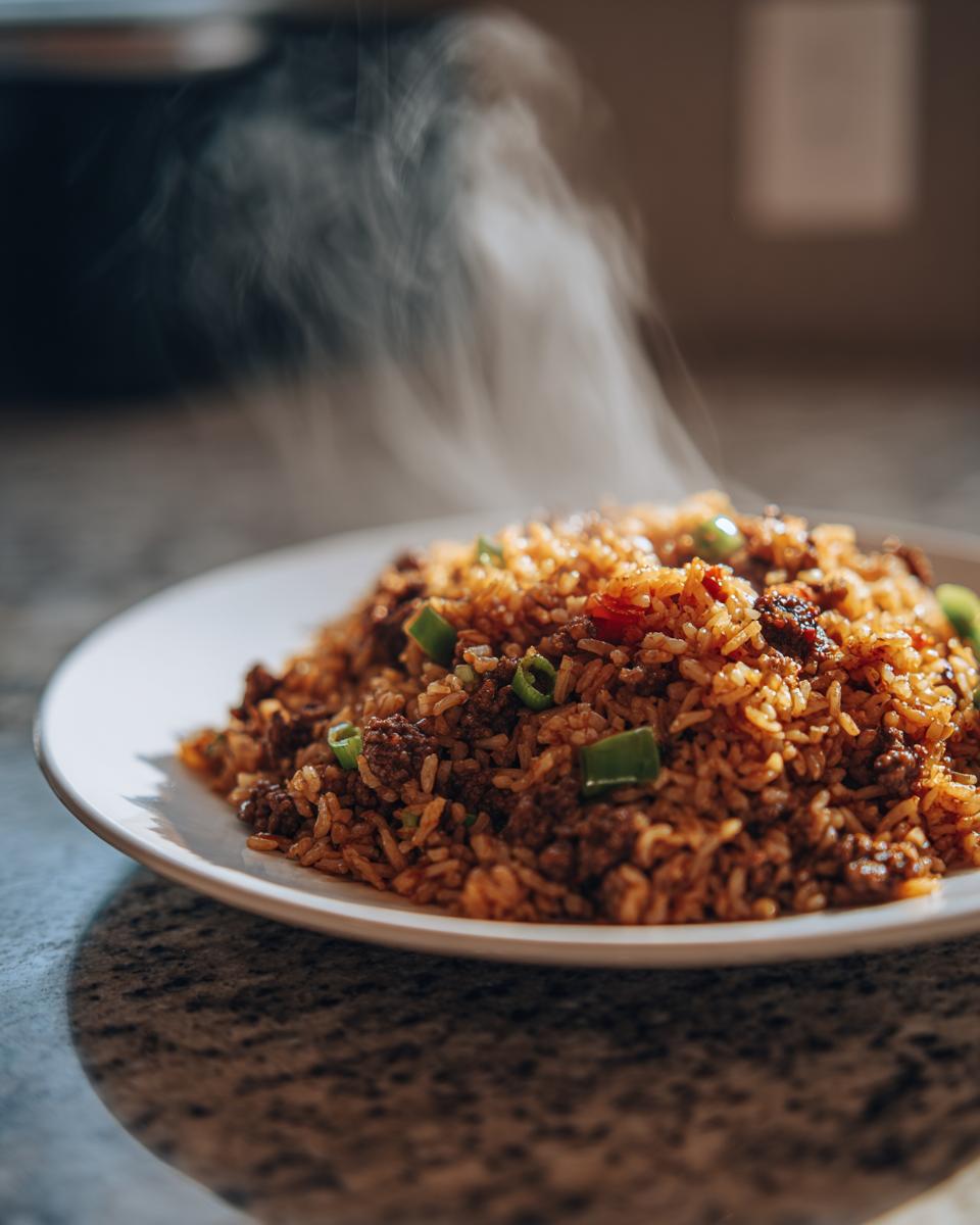 A plate of steaming hot Dirty Rice With Ground Beef, garnished with green onions, sitting on a granite counter.