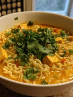 Close-up of a white bowl filled with creamy Coconut Curry Ramen, topped with tofu cubes and fresh cilantro.