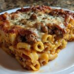 A close-up serving of baked Egyptian Goulash featuring tubular pasta, rich meat sauce, and a melted, browned cheese topping.
