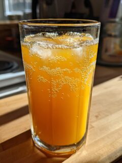 A tall glass filled with bright orange juice and ice cubes, showing active bubbles characteristic of Fizzy Orange Juice.