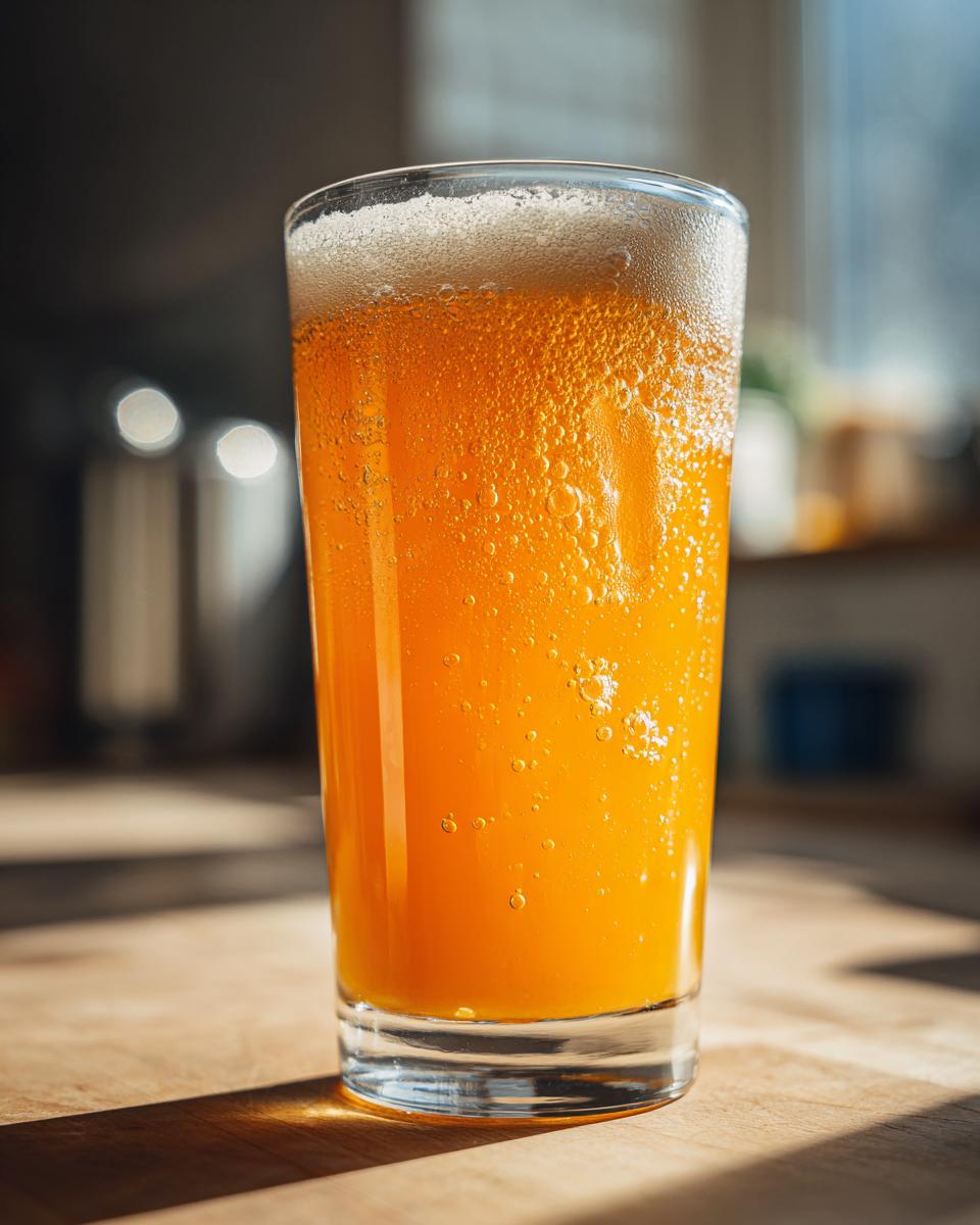 Close-up of a tall glass filled with bright orange juice showing many carbonation bubbles, making it Fizzy Orange Juice.