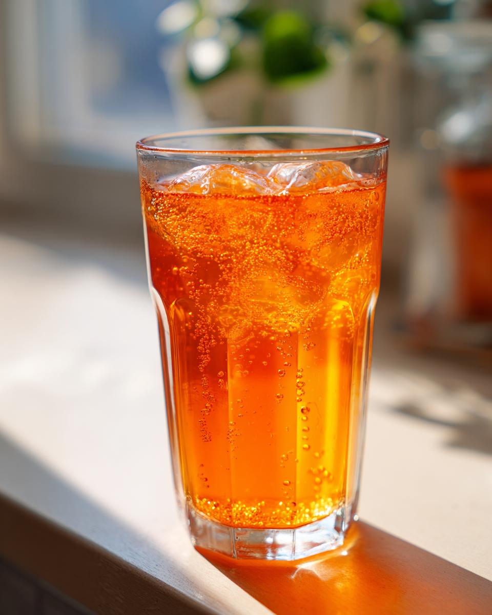 A tall glass filled with bright orange, carbonated Fizzy Orange Juice and ice cubes, sitting in sunlight.