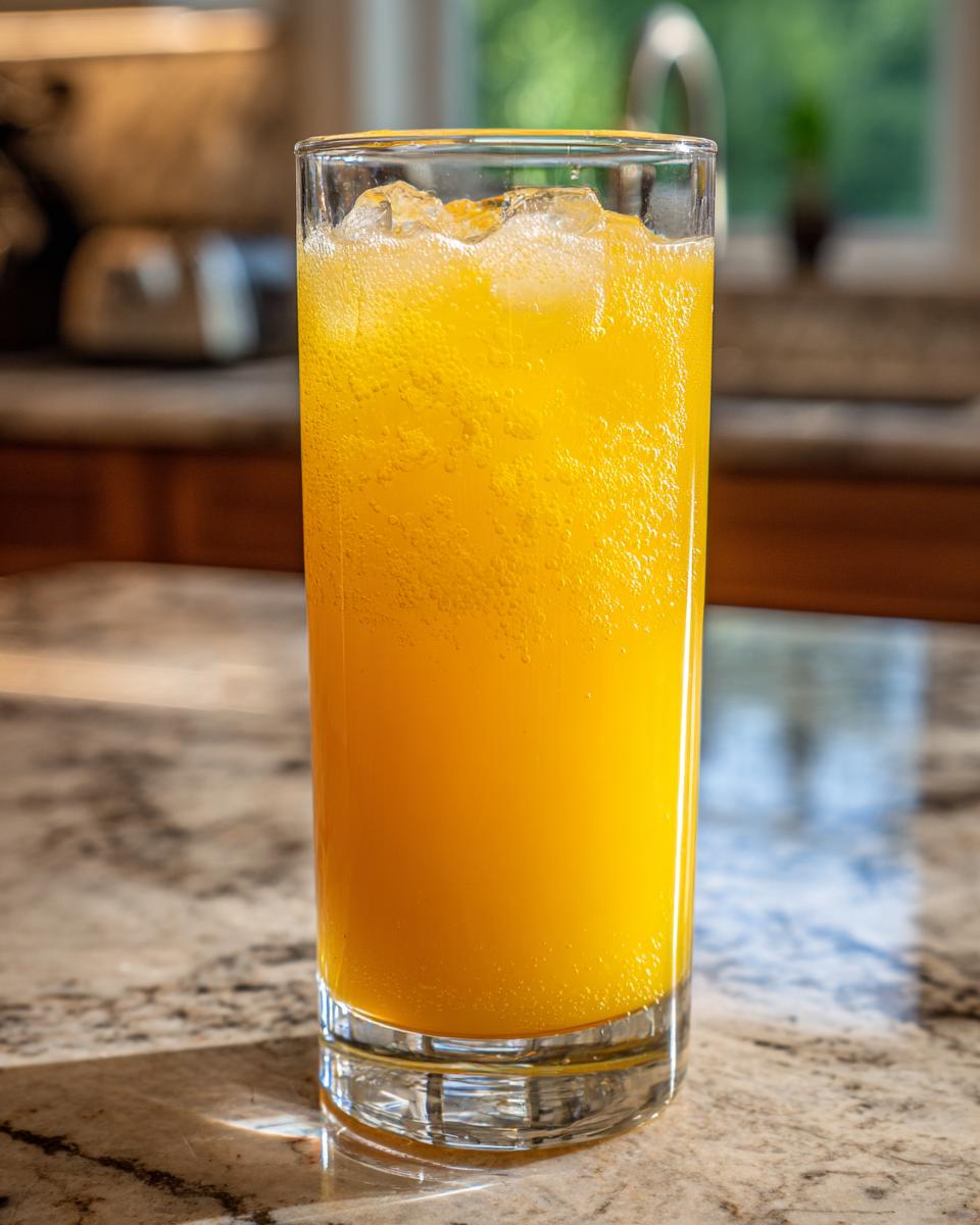 A tall glass filled with bright orange, bubbly Fizzy Orange Juice and ice cubes, sitting on a granite countertop.
