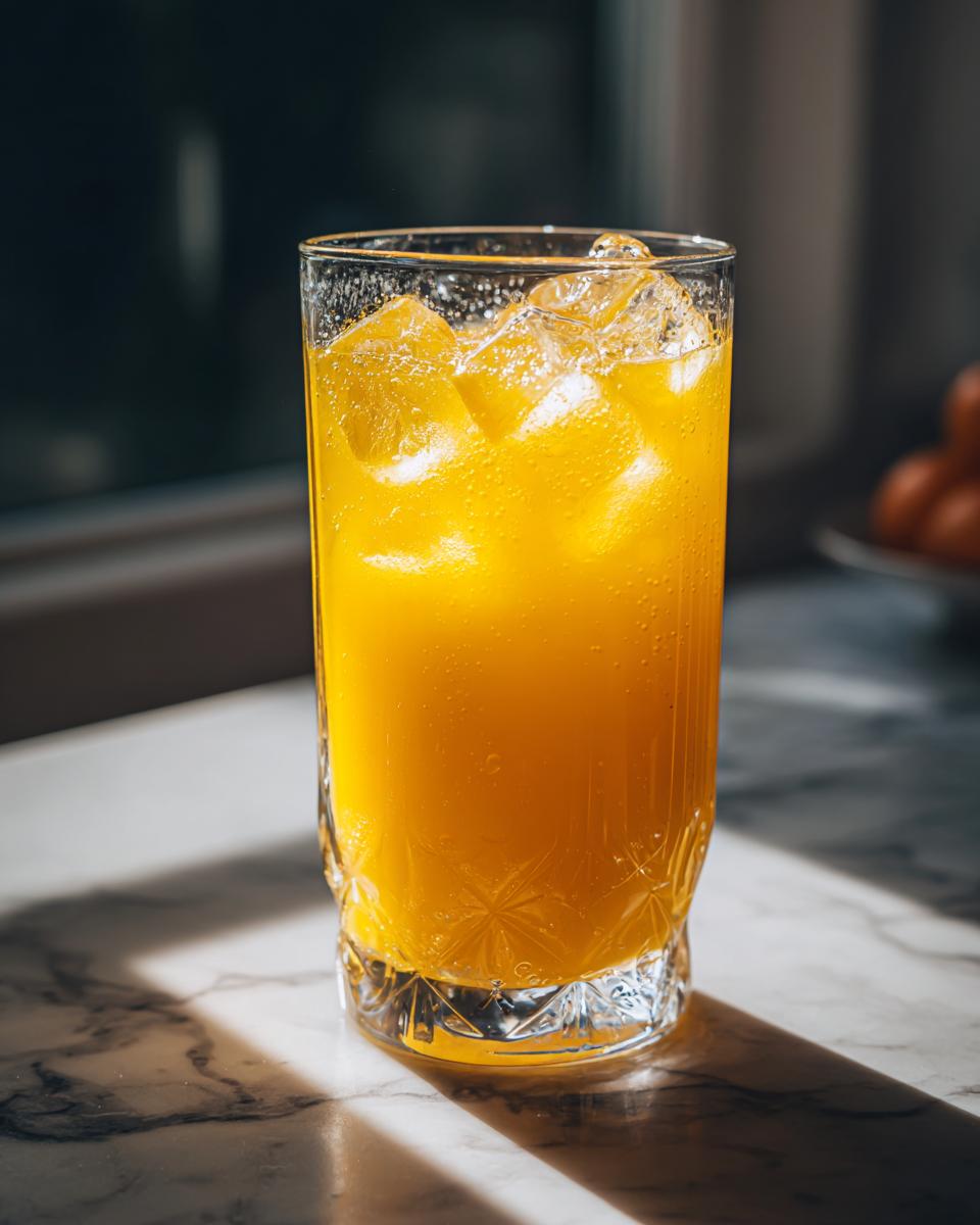 A tall glass filled with bright orange Fizzy Orange Juice and ice cubes, sitting on a marble surface.