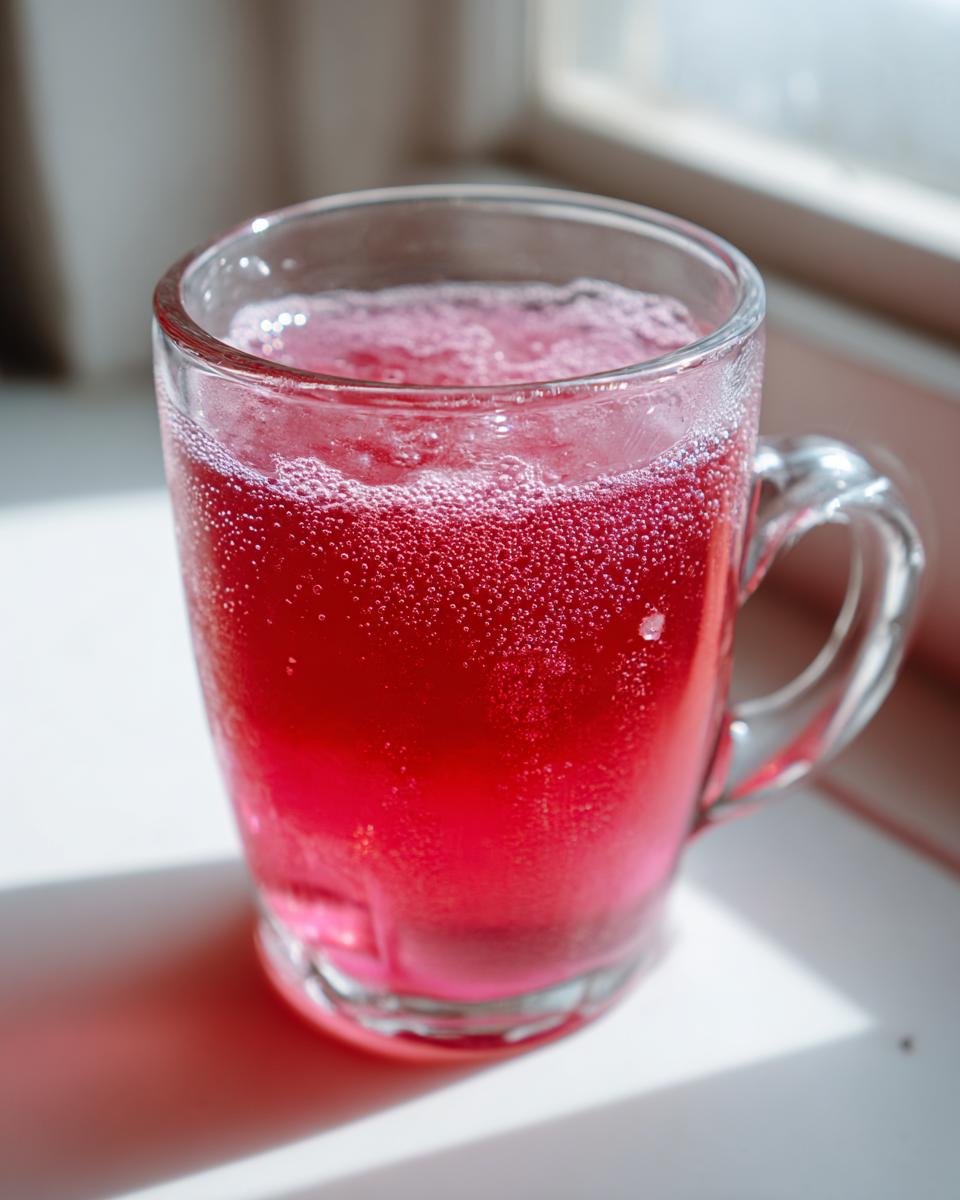 A close-up of a glass mug filled with bright, fizzy Pink Witch Punch, catching sunlight.