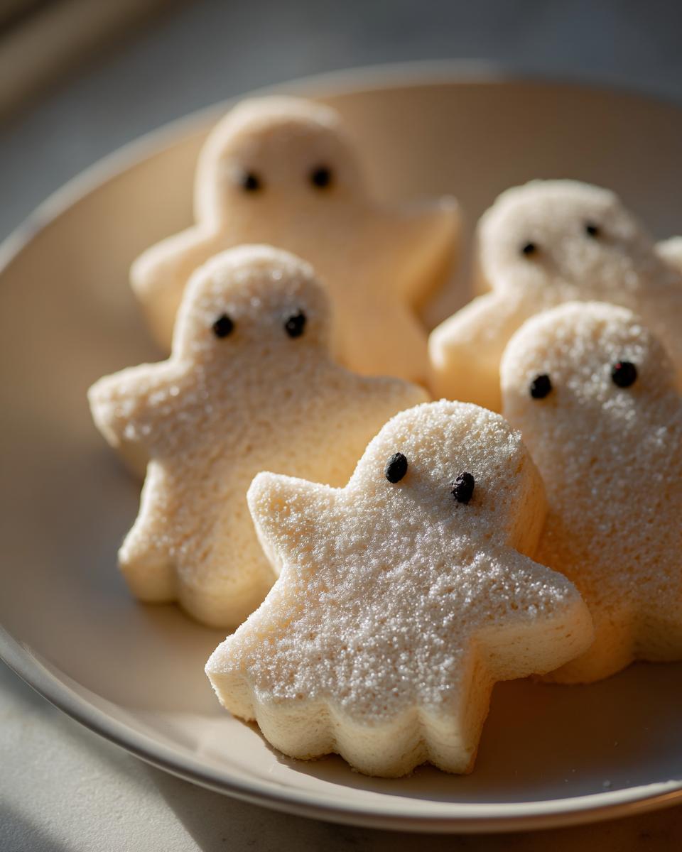 Several soft, white Ghost Cookies shaped like stars with two black eyes resting on a light-colored plate.