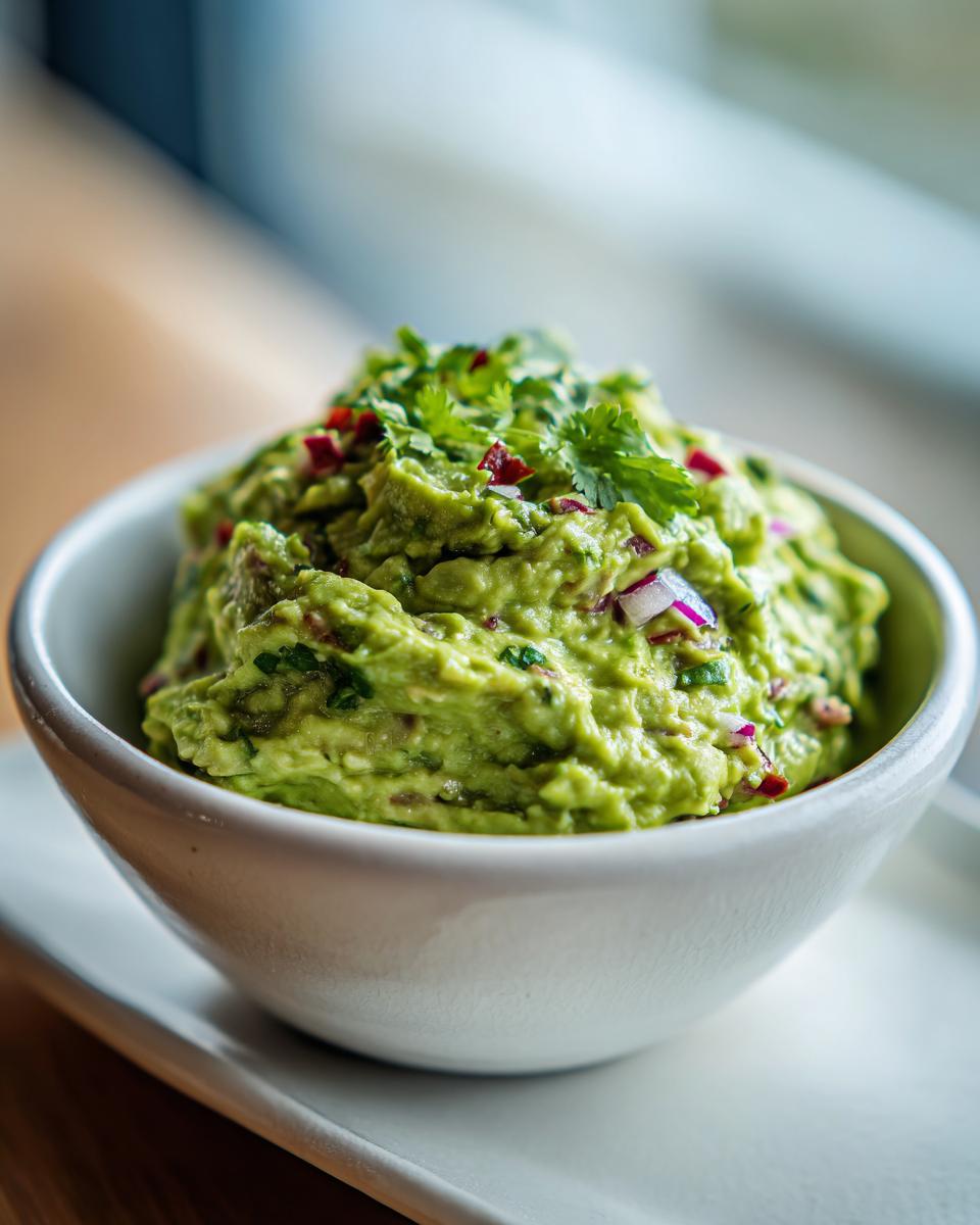 A close-up of vibrant green Swamp Guacamole topped with fresh cilantro and diced red onion in a white bowl.