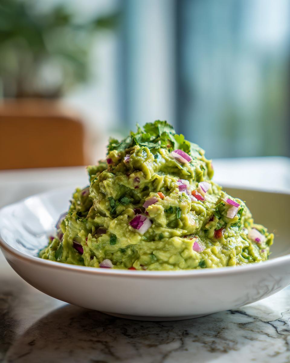 A mound of fresh Swamp Guacamole, chunky with red onion and topped with cilantro, served in a white bowl.