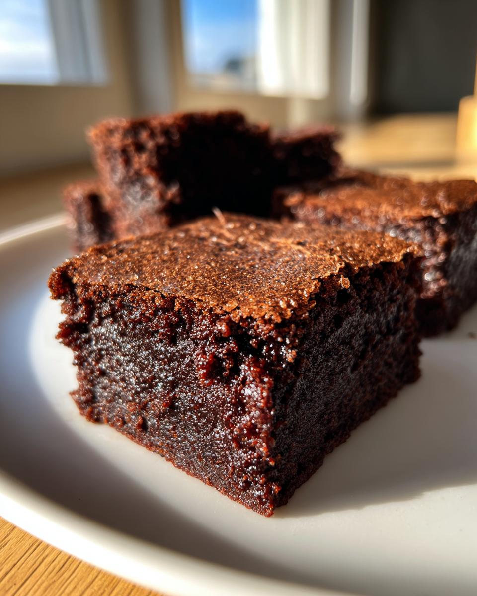 A close-up, sunlit photo of several fudgy Chewbacca Brownies squares stacked on a white plate.