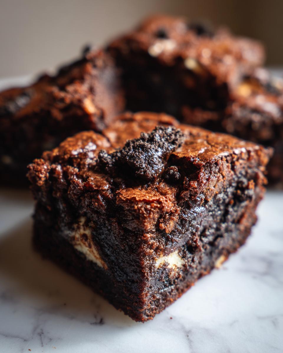 A close-up of a fudgy, dark chocolate Oreo Boo Brownies square showing a cream cheese swirl inside and Oreo topping.