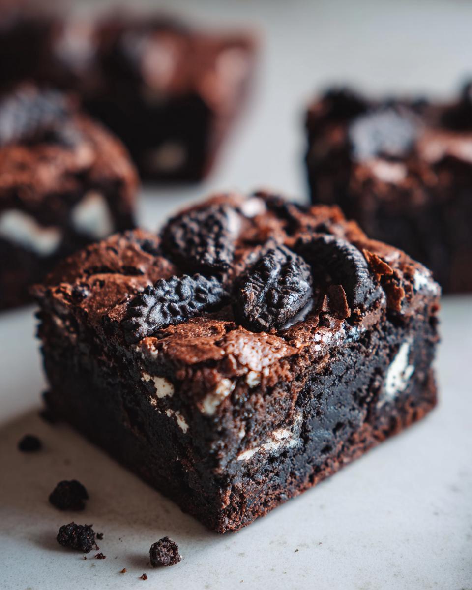 A close-up of a rich, fudgy Oreo Boo Brownies square topped with crushed Oreo pieces.
