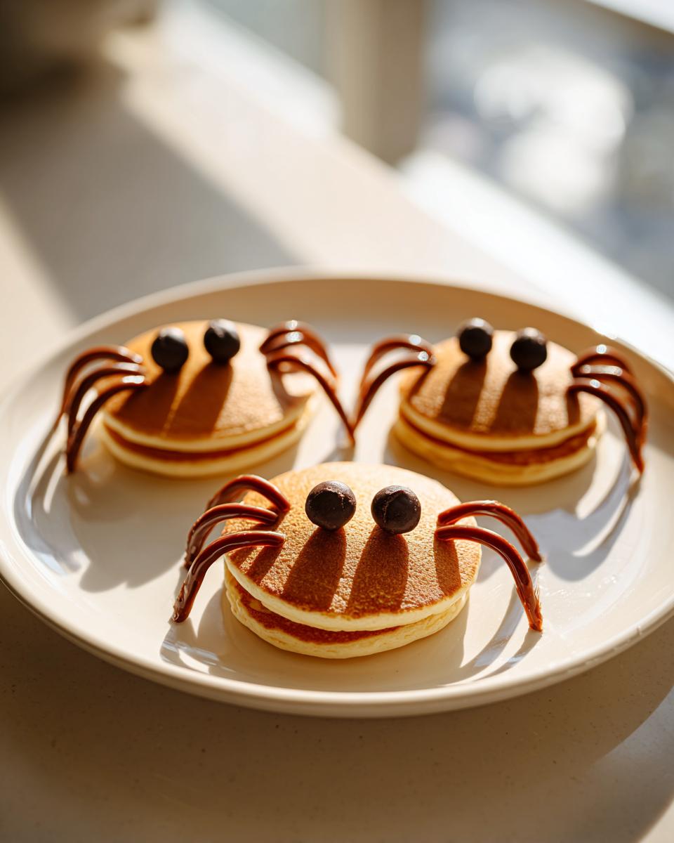 Three adorable Spider Pancakes stacked on a plate, decorated with chocolate eyes and legs.