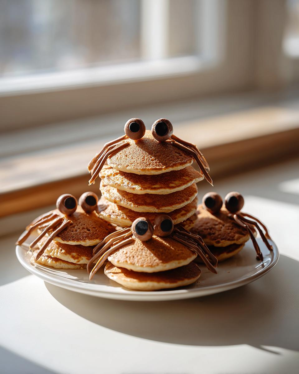 A stack of pancakes decorated as spooky Spider Pancakes with chocolate eyes and piped legs.