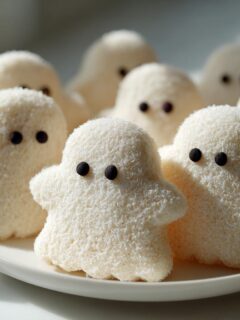 A plate full of cute, white, coconut-covered Ghost Cookies with black candy eyes.