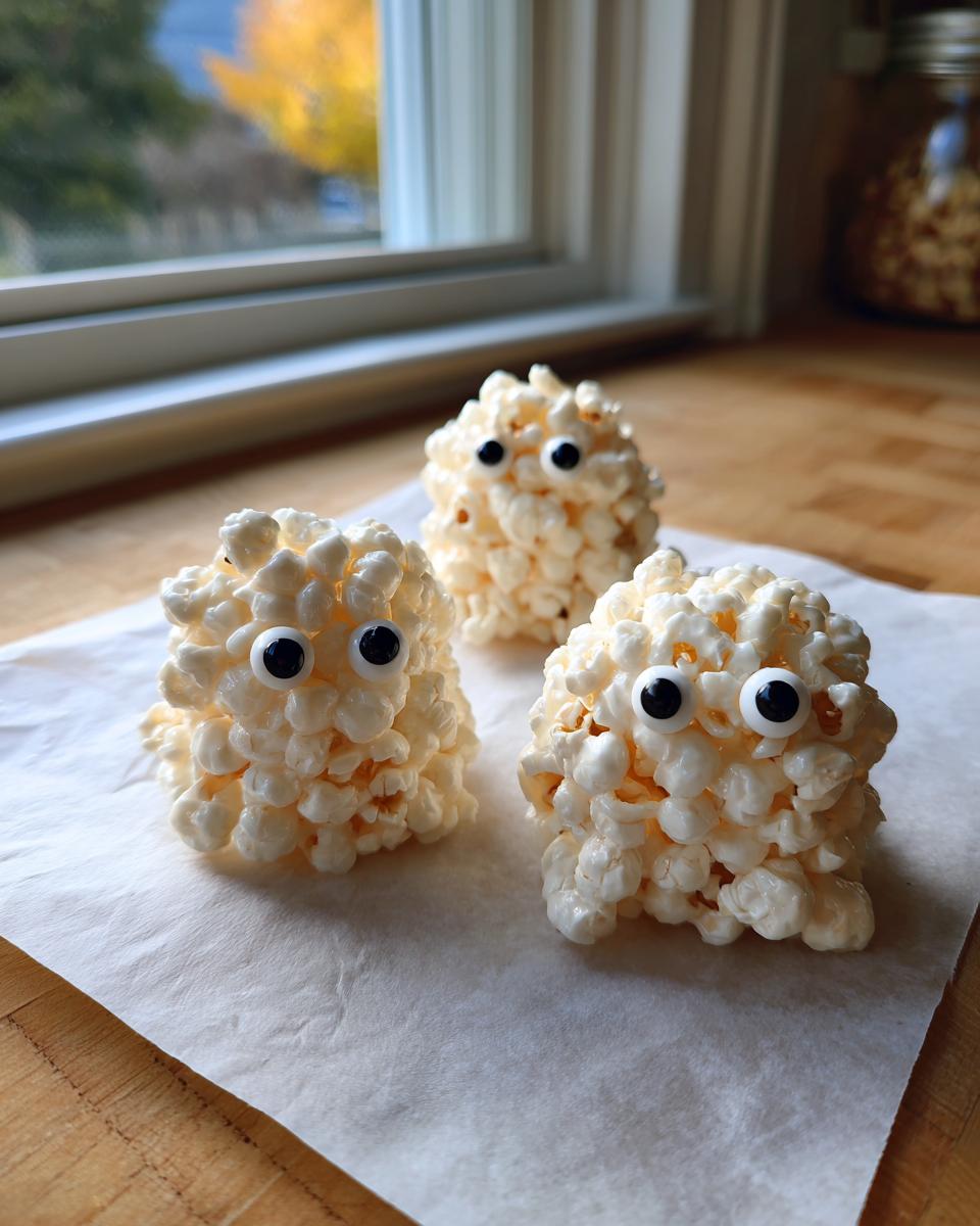 Three fun Ghost Popcorn Balls made from popcorn and candy eyes sitting on parchment paper.