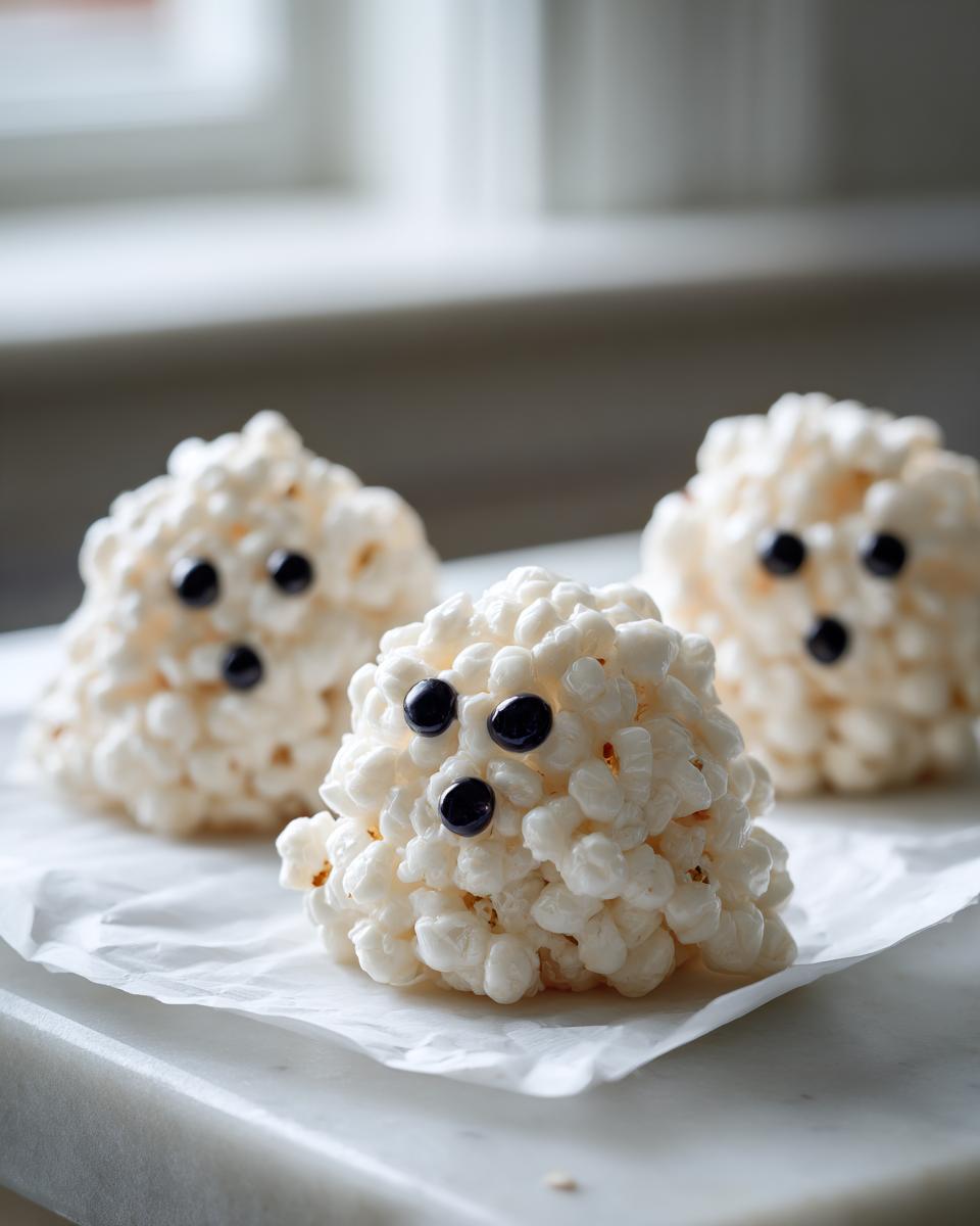 Three adorable Ghost Popcorn Balls made from puffed rice cereal and decorated with black candy eyes.