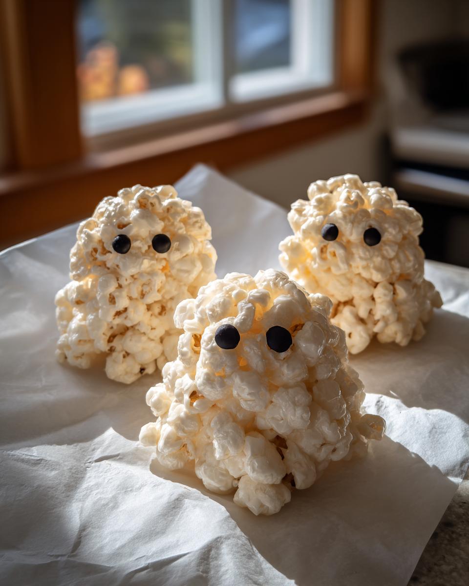 Three cute Ghost Popcorn Balls made from marshmallow-coated popcorn with black candy eyes, sitting on parchment paper.